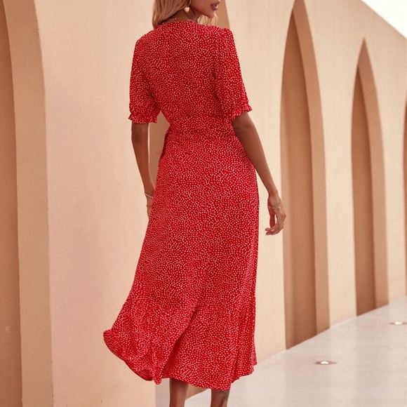 Boho Red Polka Dot Ruffle Wrap Midi Dress - Picture 11 of 12